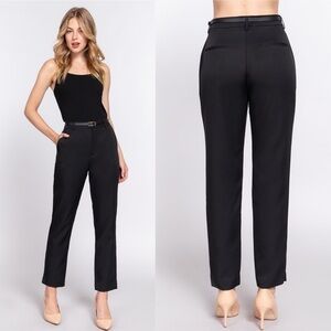 New Classic Black Belted Woven Pants - Poly Spandex Blend